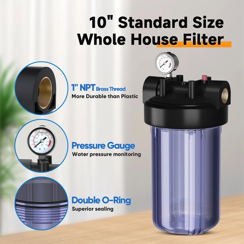 Pure Plus Whole House Water Filter Housing, 10"x4.5" Universal Housing, Pre-Filtration System, with Pressure Gauge, 1" NPT - Image 3